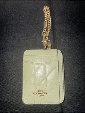 Coach Light Green Leather Card Holder with Gold Chain